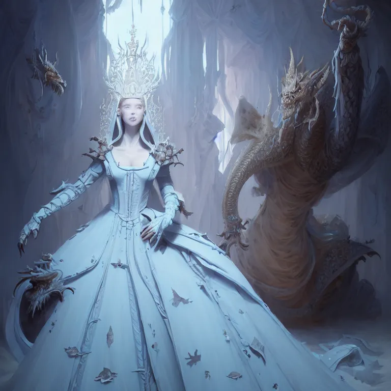 Image similar to portrait of a baroque princess dress from the fantasy world for the dragon queen atey gailan, greg rutkowski, greg tocchini, james gillard, joe fenton, kete butcher, dynamic lighting, gradient light blue, brown, light cream and white colors, grunge aesthetics, detailed and complex environment