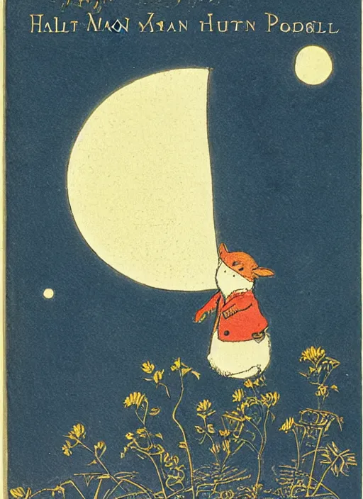 Prompt: half moon, half sun, illustrated by peggy fortnum and beatrix potter and sir john tenniel