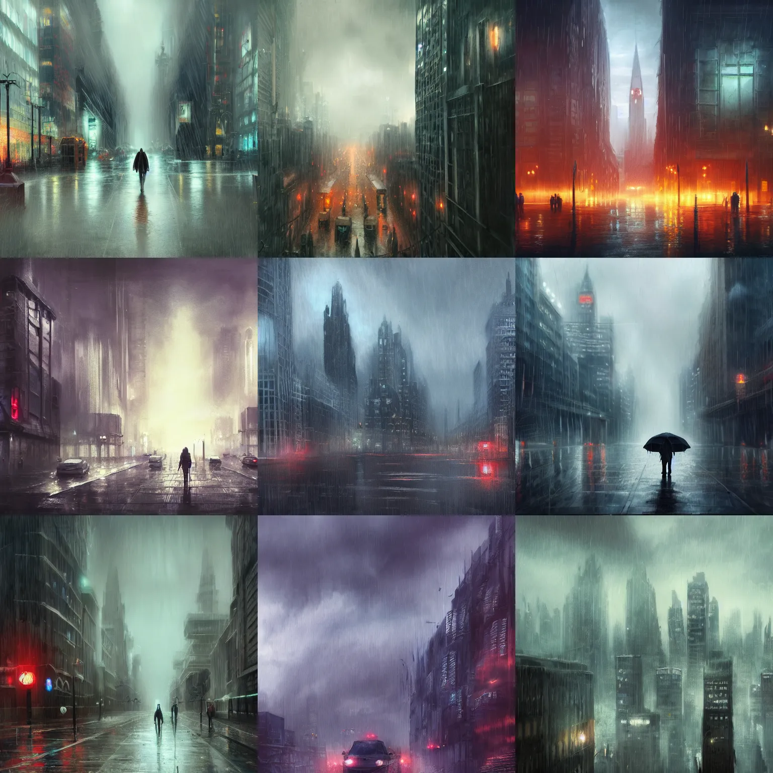 Prompt: a matte painting of a rainy city, marvel cinematic universe concept art, good value control, concept art, digital painting, sharp focus, symmetrical, 4k, illustration, rule of thirds, sci-fi, elden ring, centered, moody colors, moody lighting, atmospheric