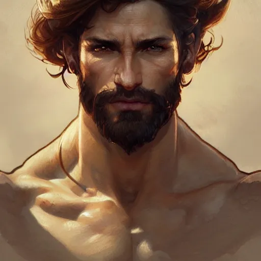 Image similar to portrait of rugged male ranger d & d muscular fantasy intricate elegant headshot portrait detailed face coherent face highly detailed digital painting artstation concept art smooth sharp focus illustration art by artgerm and greg rutkowski and alphonse mucha