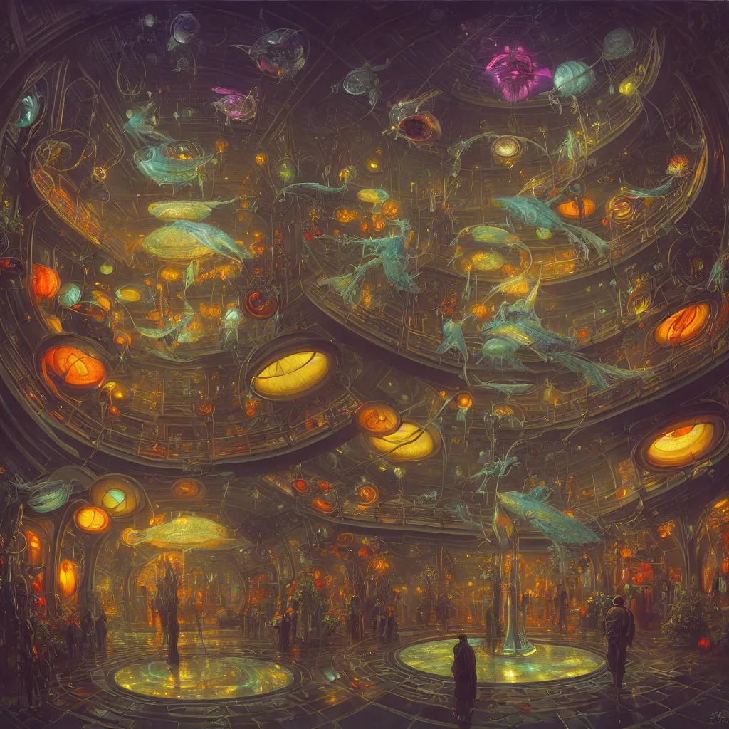 Image similar to fish eye lens a bright minimalist bioluminescent oil painting by donato giancola, warm coloured, cinematic scifi luxurious futuristic foggy steam filled victorian garden mall interior with microscopy radial windows flowers growing out of pretty bulbous ceramic fountains, gigantic pillars and flowers, maschinen krieger, beeple, star trek, star wars, ilm, atmospheric perspective