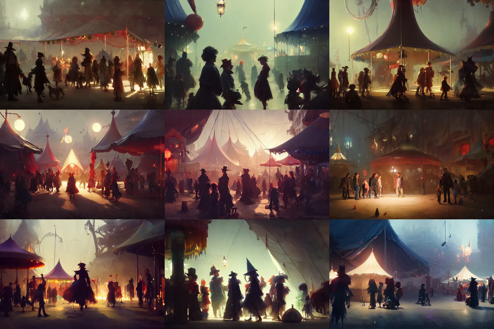 Prompt: close up group of friends exploring the witchlight carnival, small town exterior outside, big top circus tent, highly detailed, digital painting, concept art, matte, art by ruan jia and wlop and greg rutkowski and makoto shinkai, masterpiece