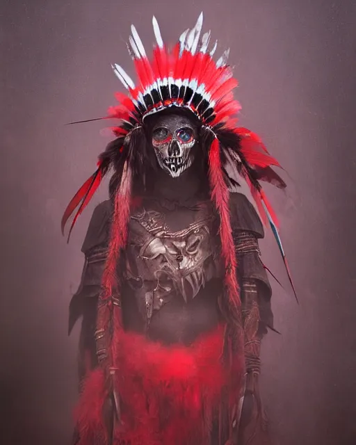 Image similar to the ghost - spirit of the grim - warpaint wears the scarlet skull armor and native blood headdress feathers, midnight fog - mist!, dark oil painting colors, realism, cinematic lighting, various refining methods, micro macro autofocus, ultra definition, award winning photo