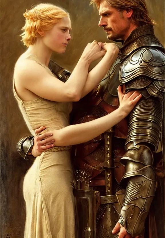 Prompt: attractive handsome fully clothed jaime lannister confesses his love for attractive fully armored brienne of tarth. wow! romance!! highly detailed painting by gaston bussiere and j. c. leyendecker 8 k