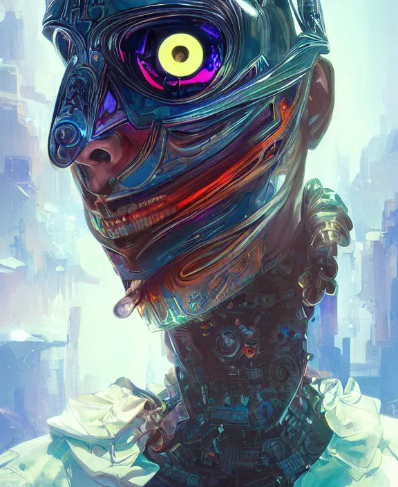 Image similar to portrait of a cyberpunk masked evil, half body, glowin eyes, d & d, fantasy, intricate, elegant, highly detailed, colorful, vivid color, digital painting, artstation, concept art, art by artgerm and greg rutkowski and alphonse mucha and ruan jia