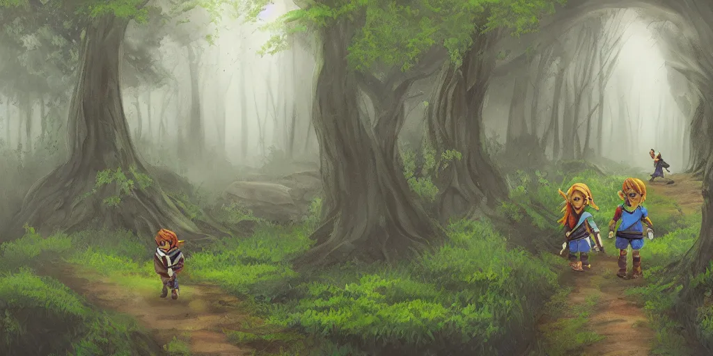 Prompt: painting of young link and tatl entering an old!!! forest temple full of green trees and plants, under a gray foggy sky