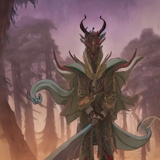 Image similar to concept art painting of an anthropomorphic dragon king with robes, a long dragon neck, and horned skull mask, in a deep forest, anime style, cel shaded, in the style of makoto shinkai and james gurney and studio ghibli and moebius