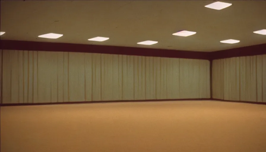 Image similar to 70s movie still of a high ceiling empty ballroom , cinestill 800t Technicolor, heavy grain, high quality, criterion collection, liminal space style