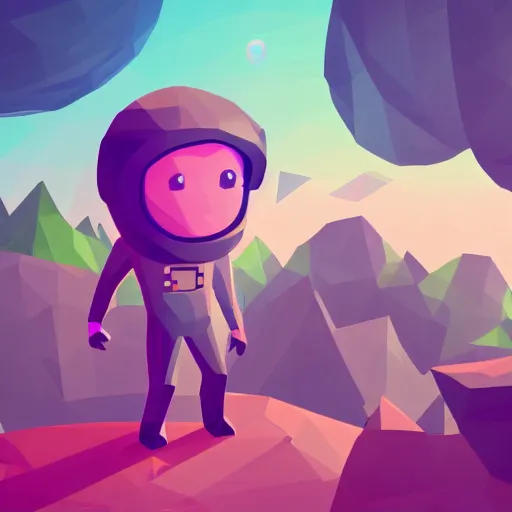 Prompt: Concept art for game, A cute explorer astronaut on a lush alien planet, large planets in the background, low poly, stylized, indie game, artistic lighting