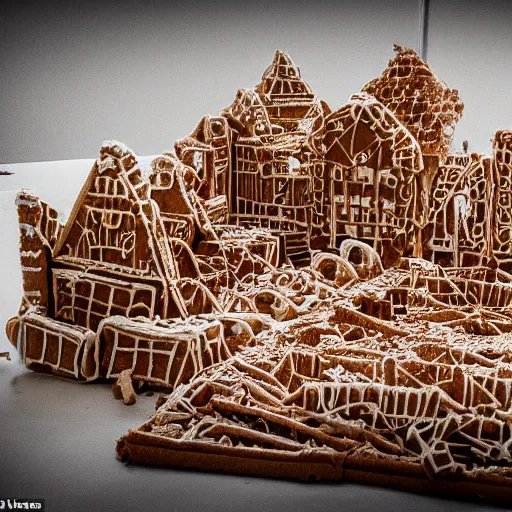 Image similar to dilapidated ruined city made of gingerbread, wreckage of a gingerbread cityscape, dramatic, award - winning photography