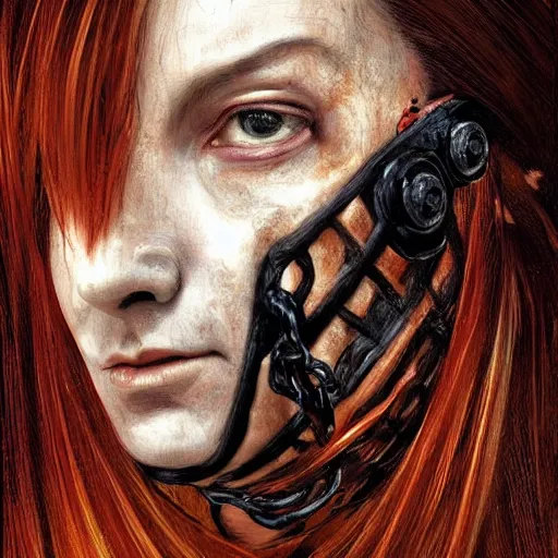 Image similar to portrait of a Shibari cable wrapped face and neck, headshot, insanely nice professional hair style, dramatic hair color, digital painting, of a old 15th century, old cyborg merchant, amber jewels, baroque, ornate clothing, scifi, realistic, hyperdetailed, chiaroscuro, concept art, art by Franz Hals and Jon Foster and Ayami Kojima and Amano and Karol Bak,