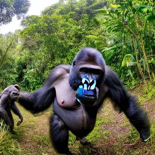 Image similar to pov of a silverback gorilla who needs to teach his confused son about the jungle