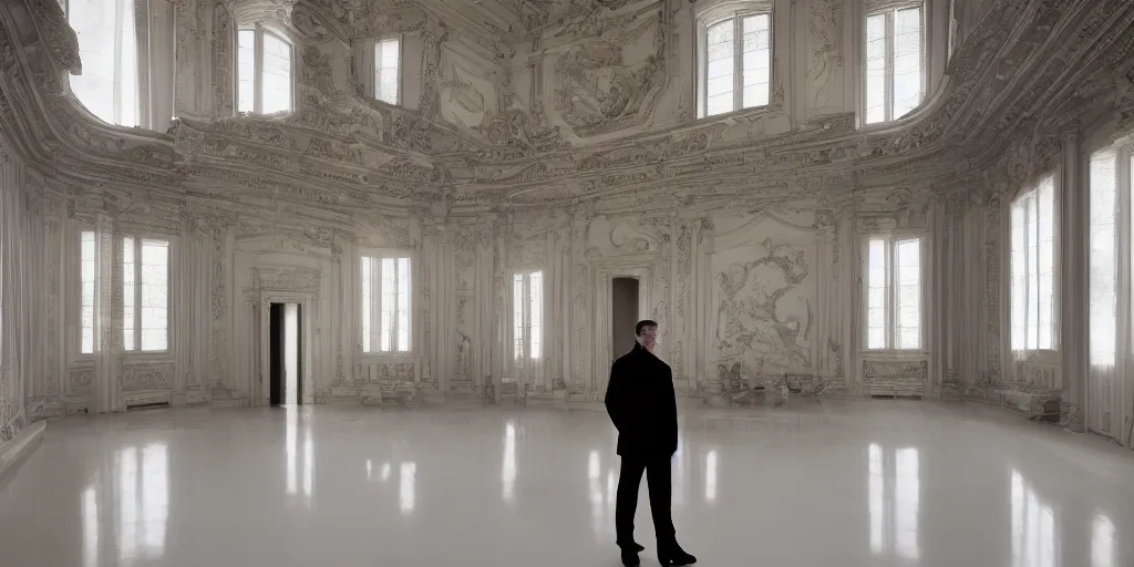 Image similar to Batman standing in giant Italian modern castle living room, clean minimalist design, that is 1300 feet tall, with very tall giant walls filled with modern art paintings, doors that are cosmic portals, photo by Annie Leibovitz