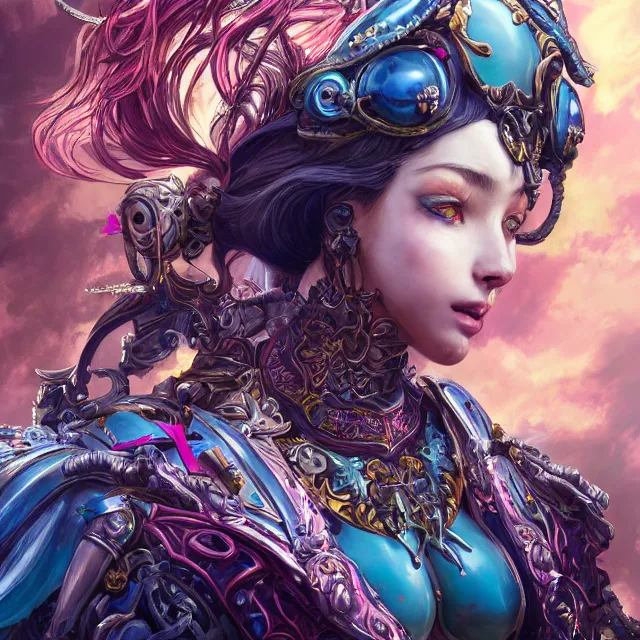 Image similar to studio portrait of lawful good colorful female holy mech paladin as absurdly beautiful, elegant, young sensual pretty woman, ultrafine hyperrealistic detailed face illustration by kim jung gi, irakli nadar, intricate linework, sharp focus, bright colors, matte, octopath traveler, final fantasy, unreal engine highly rendered, global illumination, radiant light, intricate environment