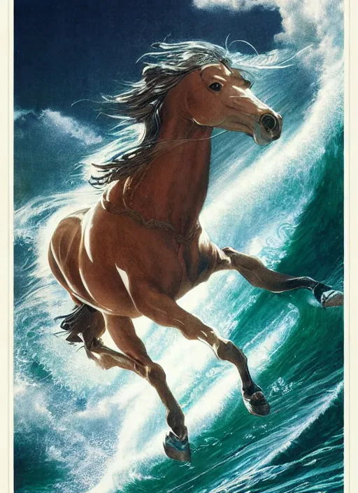 Image similar to pegasus running through ocean wave, exquisite details, denoised, mid view, byi by alan lee, norman rockwell, makoto shinkai, kim jung giu, poster art, game art