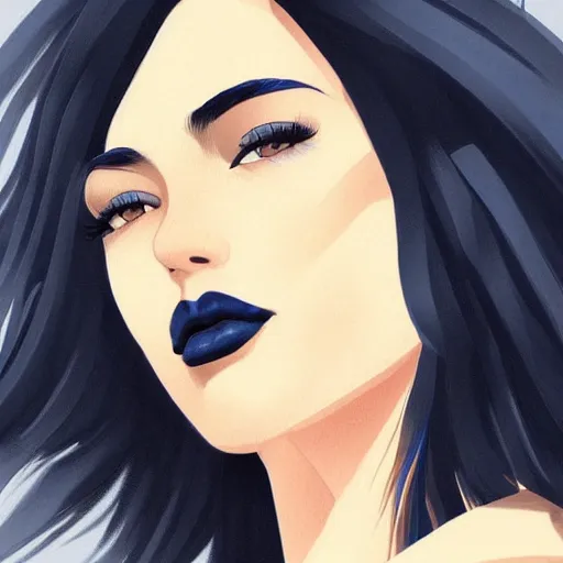 Prompt: a stunning upper body portrait of a beautiful woman with navy blue tinted black hair blowing in the wind by marvel comics, digital art, trending on artstation