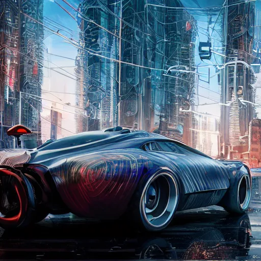 Image similar to car : motherboard forms designed by zaha hadid, a bit of graffiti forms sci-fi futuristic ultra realistic photography, keyshot render, octane render, unreal engine 5 render, high oiled liquid glossy specularity reflections, ultra detailed, golden hour, dramatic lighting 4k, 8k, 16k in the style ofblade runner 2049 Cyberpunk 2077 ghost in the shell thor 2 marvel film : tilt shift: sharp focus