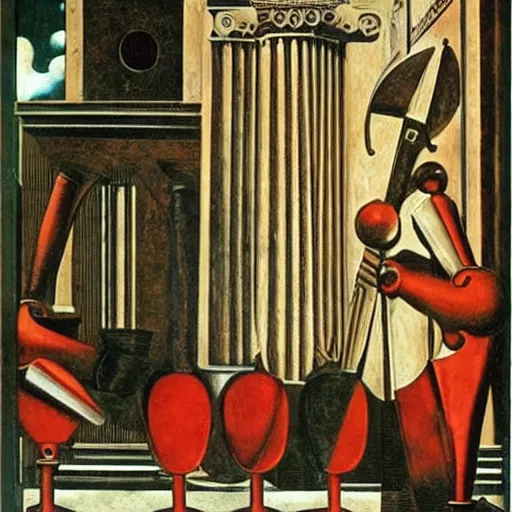 Image similar to Artwork by Giorgio de Chirico of The Sanguinary Grail.