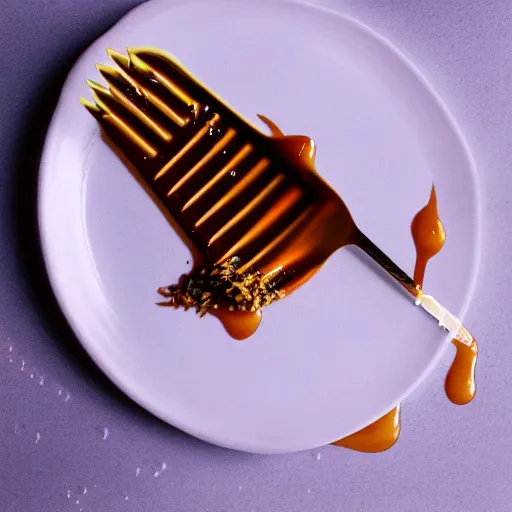 Image similar to a photorealistic fork covered in dripping honey, so much honey, professional food photography, Movie Still, Triadic color grading.