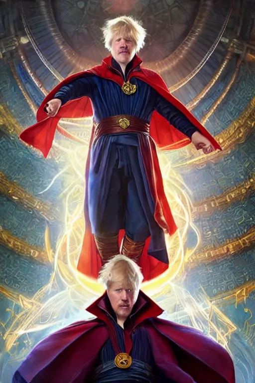 Image similar to Boris Johnson as Doctor Strange, portrait, Sanctum Sanctorum, highly detailed, digital painting, artstation, concept art, smooth, sharp focus, illustration, cinematic lighting, art by artgerm and greg rutkowski and alphonse mucha