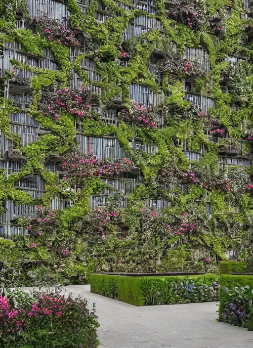 Prompt: brutalist garden city covered in vines and flowers by Denys Lasdun