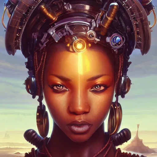 Image similar to african steampunk alchemist, science fiction, highly detailed, digital painting, beautiful eyes, symmetry, concept art, sharp focus, illustration, global illumination, radiant light, detailed and intricate environment, art by artgerm and greg rutkowski and magali villeneuve and ilya kuvshinov!