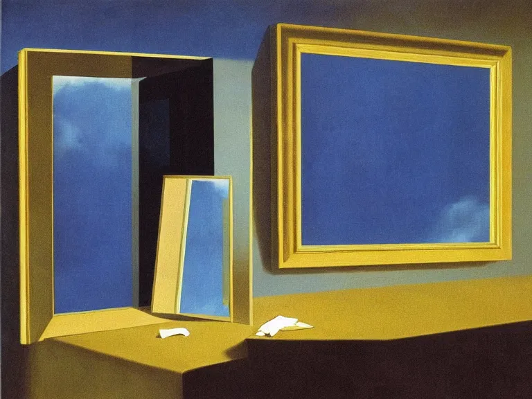 Prompt: mirrors, painting by rene magritte, high detail, high resolution