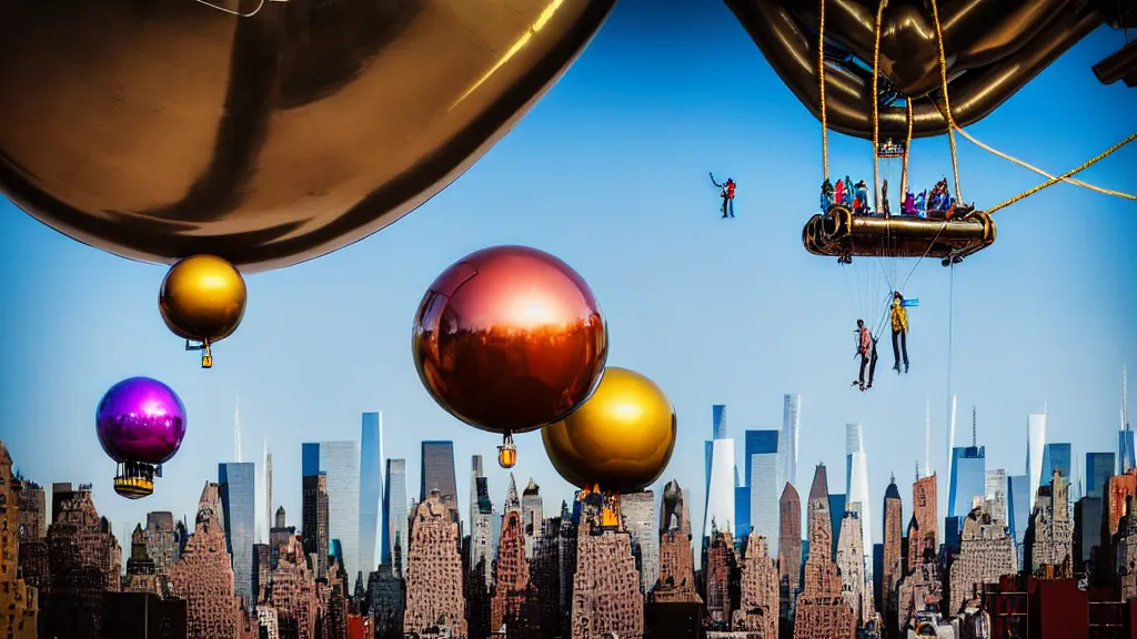 Prompt: large colorful futuristic space age metallic steampunk balloons with pipework and electrical wiring around the outside, and people on rope swings underneath, flying high over the beautiful mew york city landscape, professional photography, 8 0 mm telephoto lens, realistic, detailed, photorealistic, photojournalism