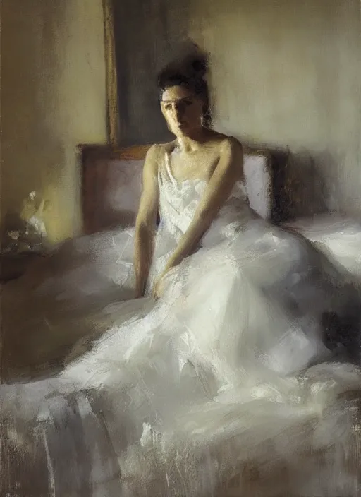 Image similar to portrait painting of a woman posing in an artistic over a bed, white lace sheets by jeremy mann, only one head single portrait