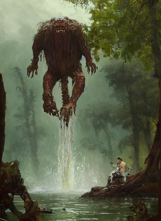 Image similar to huge towering beastly monstrous creature emerging from lake in urban park on sunny day, splashing, partially submerged, water cascading, by sergey kolesov and lawrence alma tadema and norman rockwell and greg staples and craig mullins and john berkey and ruan jia, artstation creature art