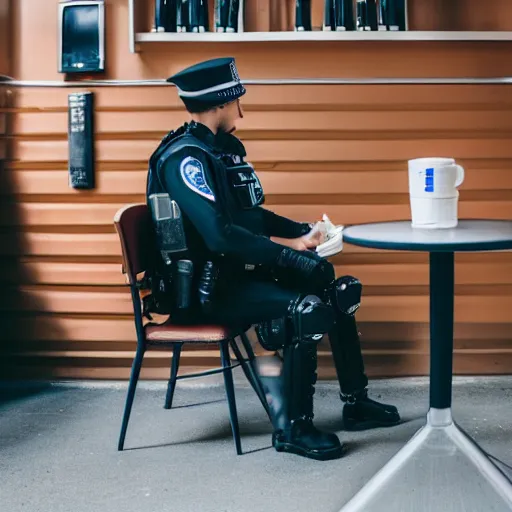 Prompt: a robot police officer drinking tea in a coffee shop sitting down relaxed, professional photography