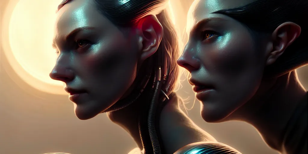 Image similar to ultra realistic, beautiful cyborg woman, sci-fi, fantasy, mythical, intricate, elegant, highly detailed, digital painting, octane render, substance painter, zbrush, artstation, concept art, smooth, sharp focus, eerie, illustration, 8k, HD, art by artgerm and greg rutkowski and raphael