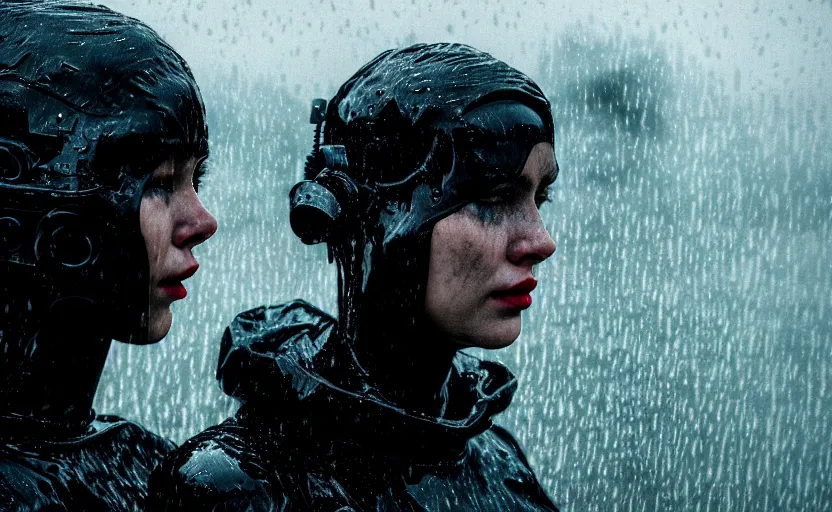 Image similar to cinestill 5 0 d candid photographic portrait by christopher nolan of two loving female androids sobbing wearing rugged black mesh techwear in treacherous waters, extreme closeup, modern cyberpunk moody emotional cinematic, pouring rain menacing lights shadows, 8 k, hd, high resolution, 3 5 mm, f / 3 2, ultra realistic faces, ex machina