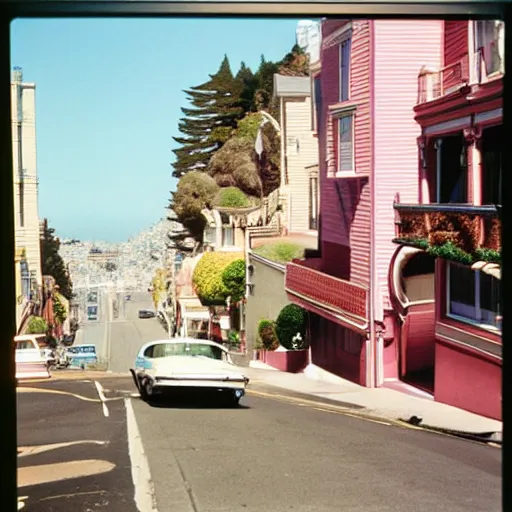 Prompt: color photography of Lombard Street, San Francisco In 1975