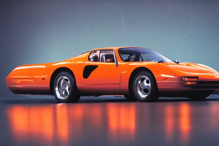 Prompt: studio photoshoot designed by giorgetto giugiaro of a single 1 9 8 8 fj 4 0 miura, thick neon lights, ektachrome photograph, volumetric lighting, f 8 aperture, cinematic eastman 5 3 8 4 film