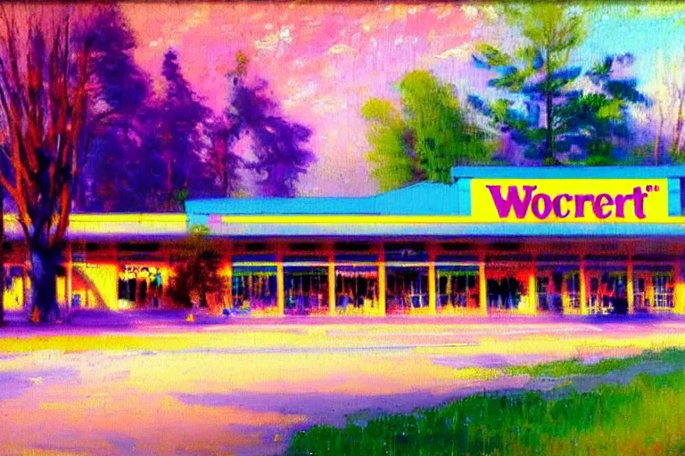 Image similar to impressionist brushstrokes!!!! lisa frank and and richard schmid and jeremy lipking victorian loose genre loose painting of a walmart store