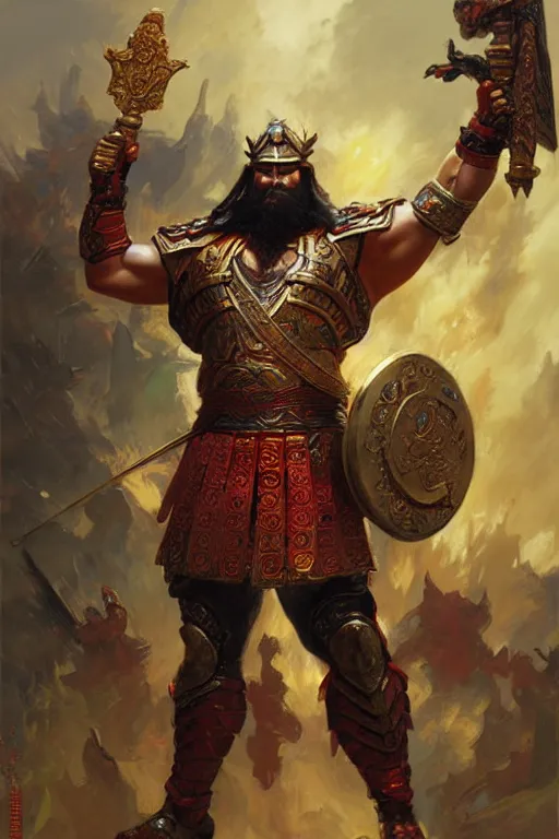 Image similar to attractive beefy male with armor, guan yu, character design, colorful paint, sweat, painting by gaston bussiere, craig mullins, j. c. leyendecker