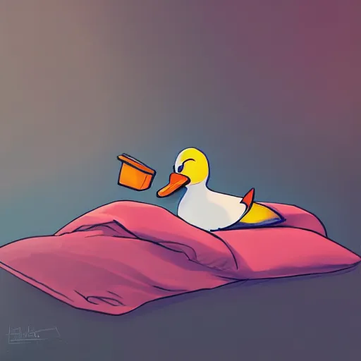 Prompt: duck tucked in bed and going to sleep, dynamic composition, digital painting, trending on artstation, award winning art, stylized painting, dynamic light