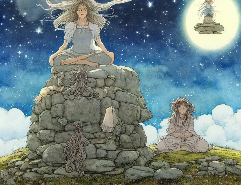 Image similar to a hyperrealist studio ghibli watercolor fantasy concept art of a giant long haired grey witch in lotus position sitting on top of the stones of stonehenge with a starry sky in the background. a ufo is in the sky. by rebecca guay, michael kaluta, charles vess