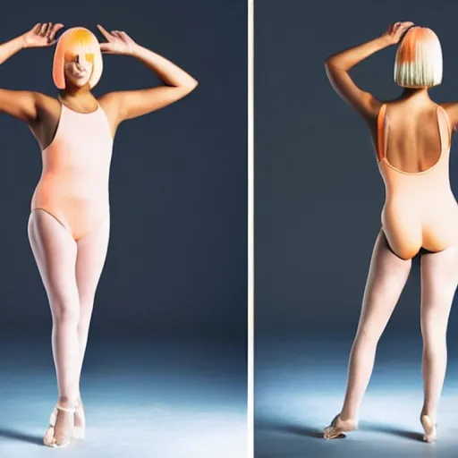 Image similar to sia furler standings with her back to the camera wearing a skin colored peach thong one piece leotard full body artistic photoshoot pose from behind