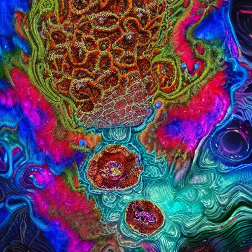 Prompt: shrooms fungal nebula by ross tran beksinsi beeple, mycelial microfauna gleba growths psychedelic deepdream fungal fractalize abstract acrylic pour wavy batik polypore swirl by ross tran beeple