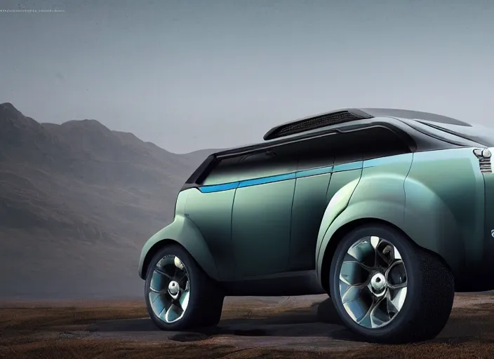 Image similar to wide view shot of a new car for 2 0 3 2 with offroad tires installed. style by petros afshar, christopher balaskas, goro fujita, and rolf armstrong. car design by dmc and land rover.