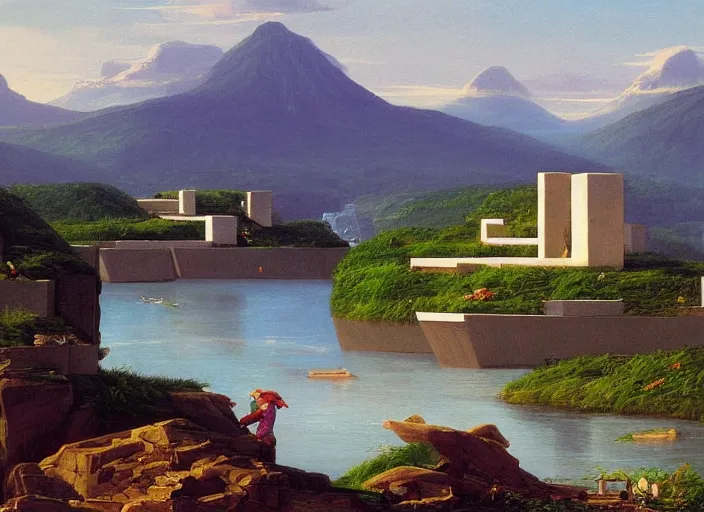 Image similar to painting of moshe safdie's habitat 6 7 in front of beautiful mountains by thomas cole