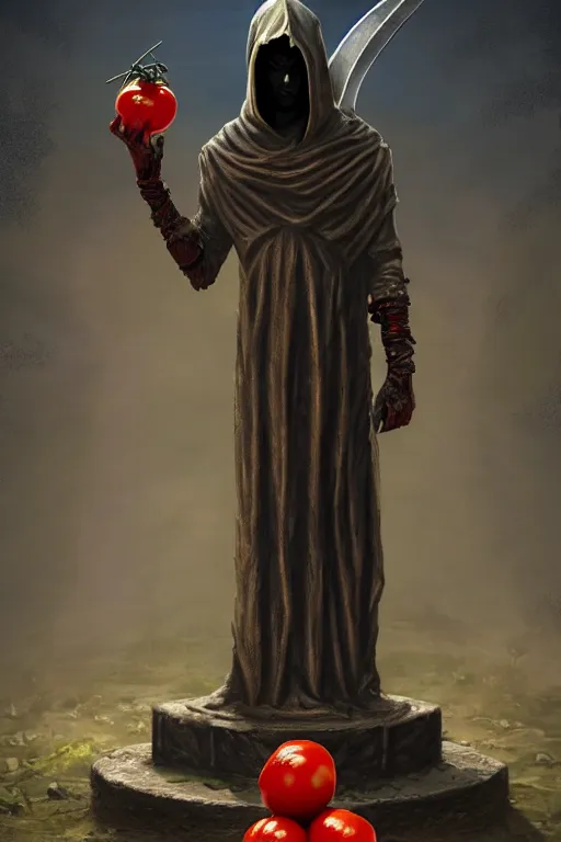 Prompt: a statue of a hooded cultist is holding a bloody knife in one hand and a tomato on the other, standing in a forgotten temple to an eldritch god, by patrick mcenvoy and michael komarck and fantasy flight, incredible quality, trending on artstation