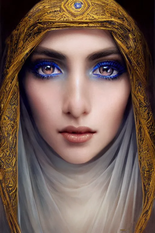 Image similar to arab ameera al taweel, bright blue eyes, long wavy black hair, white veil, closeup, cinnamon skin color, elegant, highly detailed, centered, oil painting, artstation, concept art by tom bagshaw