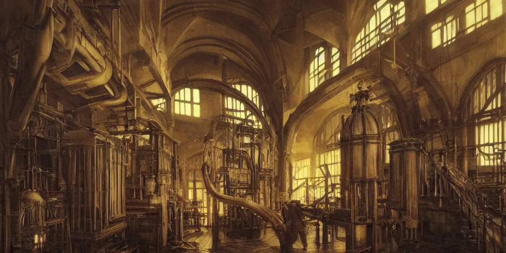 Prompt: interior, pipe organ factory, fantasy, 19th century, ghostly smoke, highly detailed, Artstation, oil on canvas painting by caravaggio and alan lee and john howe