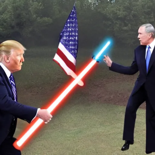 Prompt: putin, trump, obama and bush having a lightsaber battle