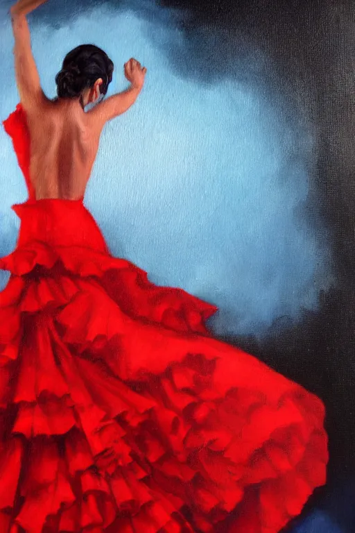 Prompt: detailed oil painting of spanish flamenco dancer standing in water, wearing a dress red dress that's floating, midnight, moon, dimly lit, looking away, dark shadows, ethereal, photo realistic, high definition, 4 k, slr