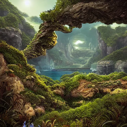 Prompt: digital art of a lush natural scene on an alien planet by dangiuz. extremely detailed render. beautiful landscape. weird vegetation. cliffs and water.