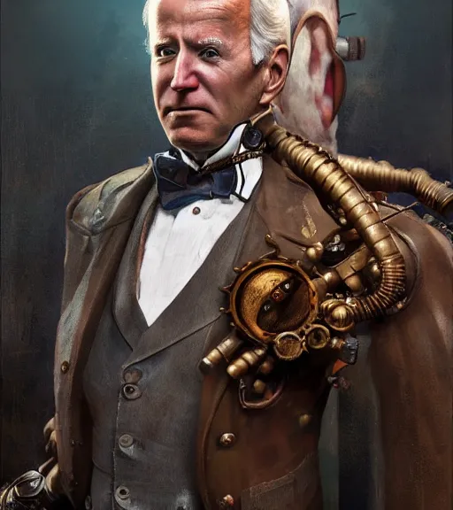 Prompt: portrait of steampunk joe biden cosplaying, by wlop, by simon stalengrad, by ilya repin, bioshock screenshot, photorealistic fan art, detailed shading, intricate abstract, realism